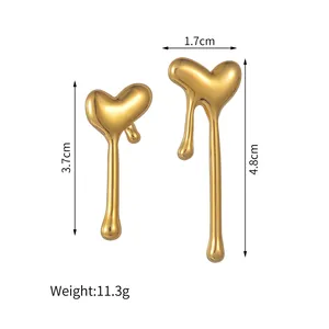 Detailed dimensions of 18K gold plated liquid lava heart earrings with size markings
