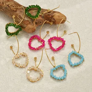 Bohemian Colorful Crystal Heart Geometric Drop Hoop Earrings Gold Plated Alloy Handmade Woven Jewelry For Women Party