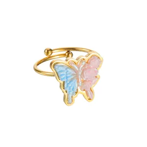 Adjustable gold butterfly ring with pink rose and blue glitter wings for women