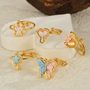 INS Style Stainless Steel Open Adjustable Ring For Women Colorful Bear Heart Butterfly Star Resin Earrings Jewelry