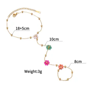 Detailed view of colorful floral finger bracelet showing exact 18+5cm and 10cm measurements