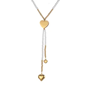 Collier en Y doré avec pendentif cœur, perles blanches et petites perles dorées