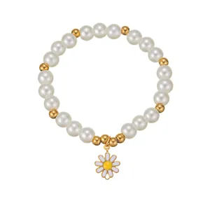 Bracelet en perles plaqué or 18 carats avec pendentif fleur de marguerite pour femme