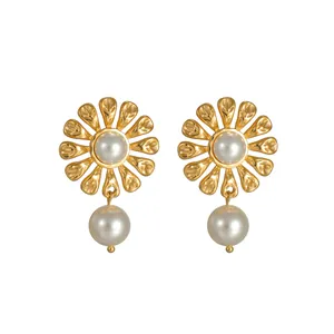 Elegant gold flower stud earrings with central pearl and hanging pearl drop detail