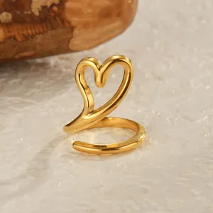 18K gold plated stainless steel open ring with oversized hollow heart design