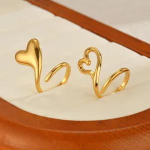 Minimalist Stainless Steel 18K Gold Plated Heart Open Ring For Women Adjustable Ins Style Hollow Solid Heart Finger Ring Jewelry