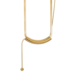 Minimalist 18K gold plated stainless steel curved tube tassel necklace for women