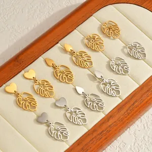 Boucles d'Oreilles Feuilles de Monstera Ajourées en Acier Inoxydable Femmes Or Argent Cœur Goutte Bijoux Tropicaux