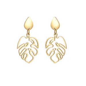 Boucles d'oreilles pendantes feuille de monstera dorée avec clou en goutte d'eau