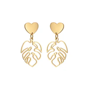 Boucles d'oreilles cœur dorées en acier inoxydable avec pendentif feuille de monstera