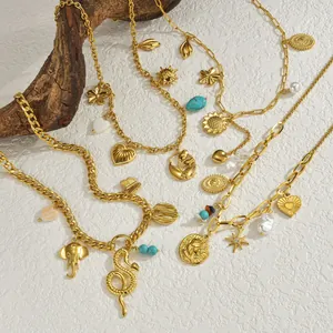 Stainless Steel 18K Gold Plated Multi Pendant Necklace Artificial Pearl Turquoise Tulip Flower Heart Elephant Snake Charms Women Jewelry