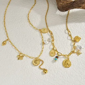 18K gold plated stainless steel tulip and heart pendant necklace with vintage charms