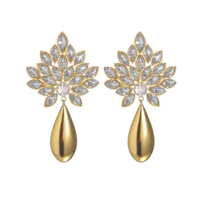 Retro gold teardrop earrings with crystal leaf cluster and polished finish for women