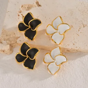 Vintage Stainless Steel Flower Stud Earrings Gold Plated Black White Four Petal Enamel Jewelry For Women Minimalist Elegant Earring
