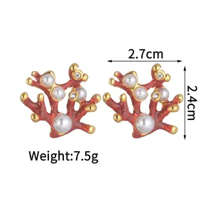 Boucles d'oreilles corail rouge en acier doré avec perles et zircon, 2,7x2,4cm