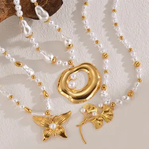 Vintage Stainless Steel Imitation Artificial Pearl Butterfly Heart Leaf Pendant Necklace For Women Fashion Elegant Jewelry Accessory Gift