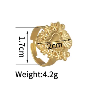 18K gold plated stainless steel open ring with heart and floral embossed patterns