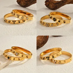 Vintage 18K Vergulde Roestvrijstalen Armring Voor Vrouwen Zirkonia Ingelegde Roos Hart Ster Klaver Patroon Elegante Sieraden