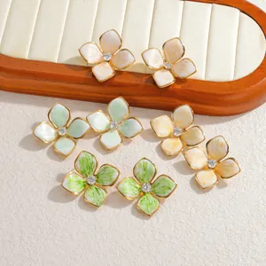 French Vintage Stainless Steel Flower Stud Earrings Gold Plated Four Petal Floral Zircon Earring Jewelry For Women