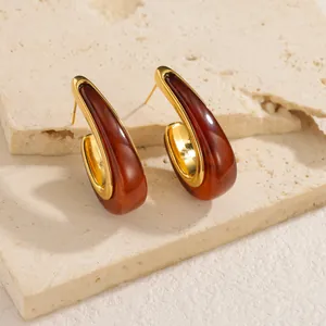 Boucles d'oreilles créoles vintage en plaqué or 18 carats avec résine ambre foncé