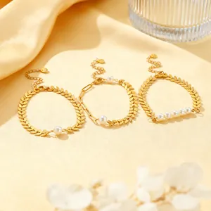 Fashion 18K Gold Plated Stainless Steel Wheat Ear Bracelet Elegant Artificial Pearl Jewelry For Women Non-Fading Dangle Earrings Gift