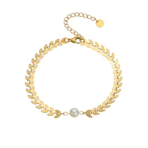 Elegant 18k gold plated wheat leaf bracelet with a central white pearl for women