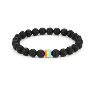 Naturstein Armband Regenbogen Pride Matt Schwarz Weiß Türkis Tigerauge Lavastein Schmuck Damen Herren