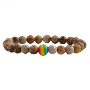 8mm Natursteinarmband aus Jaspis mit einer bunten Regenbogen-Akzentperle für Stolz