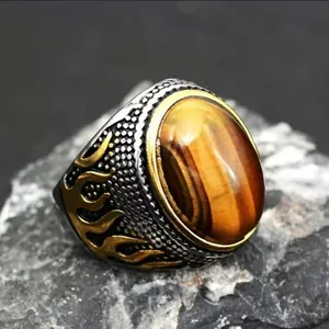 Retro Signet Ring Alloy Tiger Eye Stone Flame Pattern Vintage Punk Style For Men Unisex Jewelry