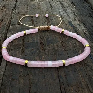 Natural Stone Square Bead Adjustable Woven Bracelet For Women Rose Quartz Labradorite African Pine Handmade Jewelry Gift