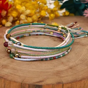 Bohemian multilayer beaded bracelet set with natural stones and adjustable braided cord
