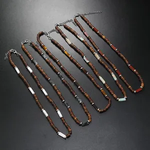 Bohemian men's necklaces with brown coconut shell beads and various natural stones