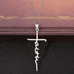 Collana a croce minimalista in argento con scritta faith in acciaio inossidabile