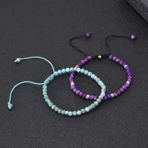 4mm Naturstein-Armbänder in Blau und Lila mit verstellbarer geflochtener Kordel