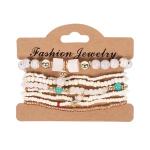 Bohemian multi-layer handmade beaded bracelet set with colorful seed beads on display card