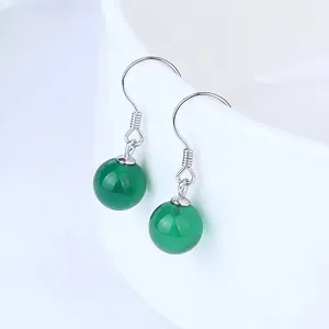 Elegant green agate drop earrings with polished round beads and silver-toned hooks
