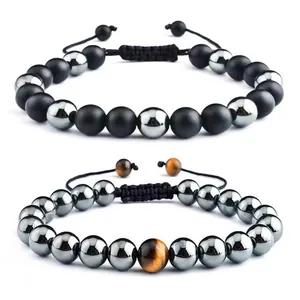 Bracelets en œil de tigre et hématite avec cordon tressé réglable pour hommes et femmes