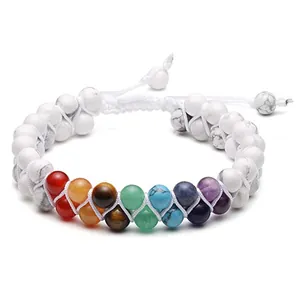 Bracelet double rangée chakra en pierres naturelles avec cordon tressé ajustable