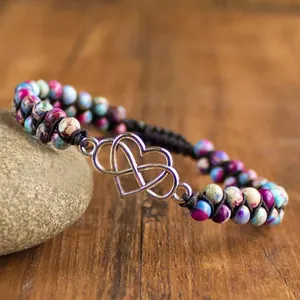 Bracelet bohème multicouche en pierre fait main avec breloque cœur infini sur galets