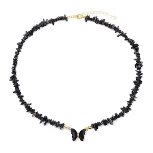 Elegant black stone bead necklace with butterfly pendant and golden lobster clasp