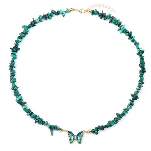 Green stone chip butterfly necklace with gold accents and adjustable lobster clasp