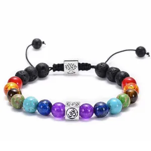 Bohemian Tree of Life bracelet with 7 chakra tiger eye beads and Om symbol