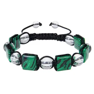 Geflochtenes Armband mit 10mm quadratischem Malachit und klaren Kristallperlen