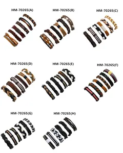 Detailed grid view of assorted men's vintage braided leather bracelet sets in earth tones