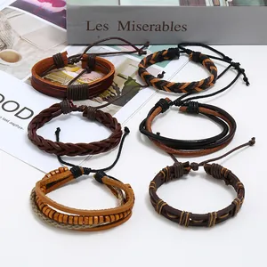 Detail view of a 6-piece men's vintage braided leather and wood bead bracelet set