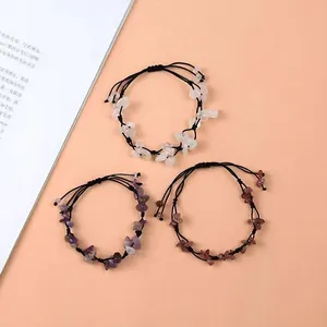 Bracelet Tressé en Éclats de Pierre Naturelle Réglable Cristal Brut Irrégulier Améthyste Quartz Rose Obsidienne Bijoux Ethniques Tissés à la Main pour Femmes Hommes Cadeau