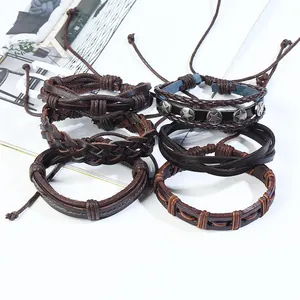 Vintage multi-layer braided leather bracelet set for men with star rivet details