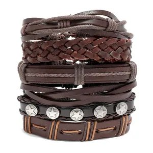 Men's vintage braided leather bracelet set with brown cowhide and star stud details