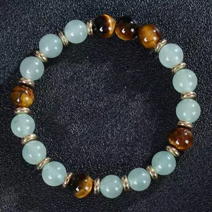 Pulsera de la riqueza 8mm en ojo de tigre y cristal verde con cuentas doradas diy