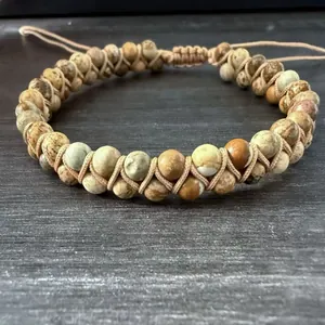 Pulsera artesanal de doble fila de piedras naturales de 6mm con cierre de cordón ajustable